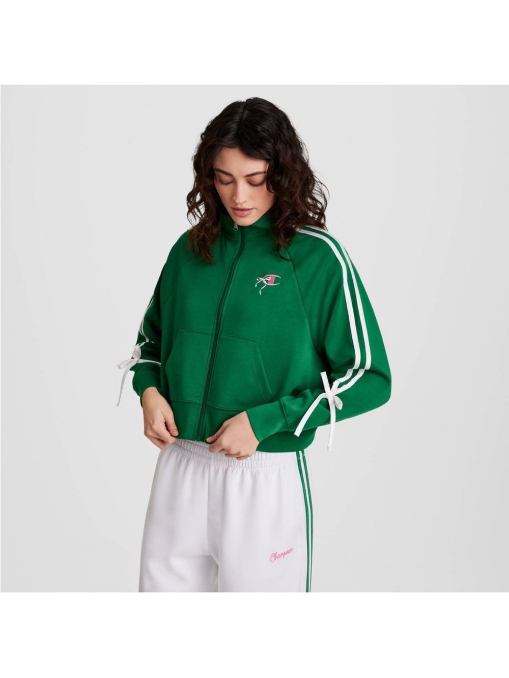 Champion Green Zip-Up Varsity Jacket White Stripe In The Stands NEW XS Top Scuba